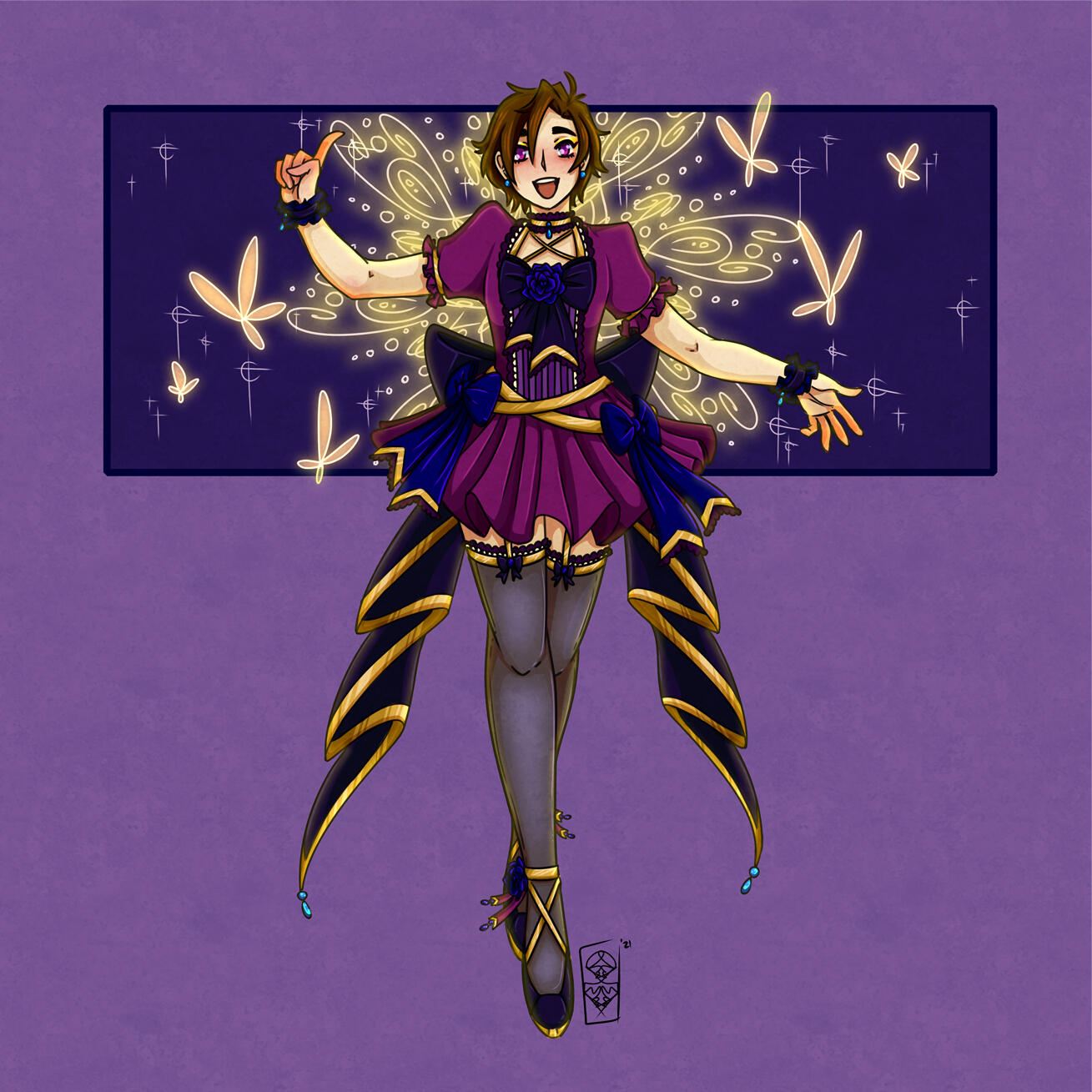 Anime style magical girl self-portrait. A purple & gold themed magical girl with short brown hair posed before a purple background depicting magic gold butterflies appearing from gold magic flowering behind the girl.